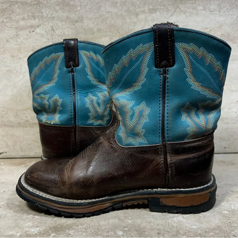 Rocky Kids Western Boots Brown‎ Leather Teal Blue Stitched Square Toe Pull On